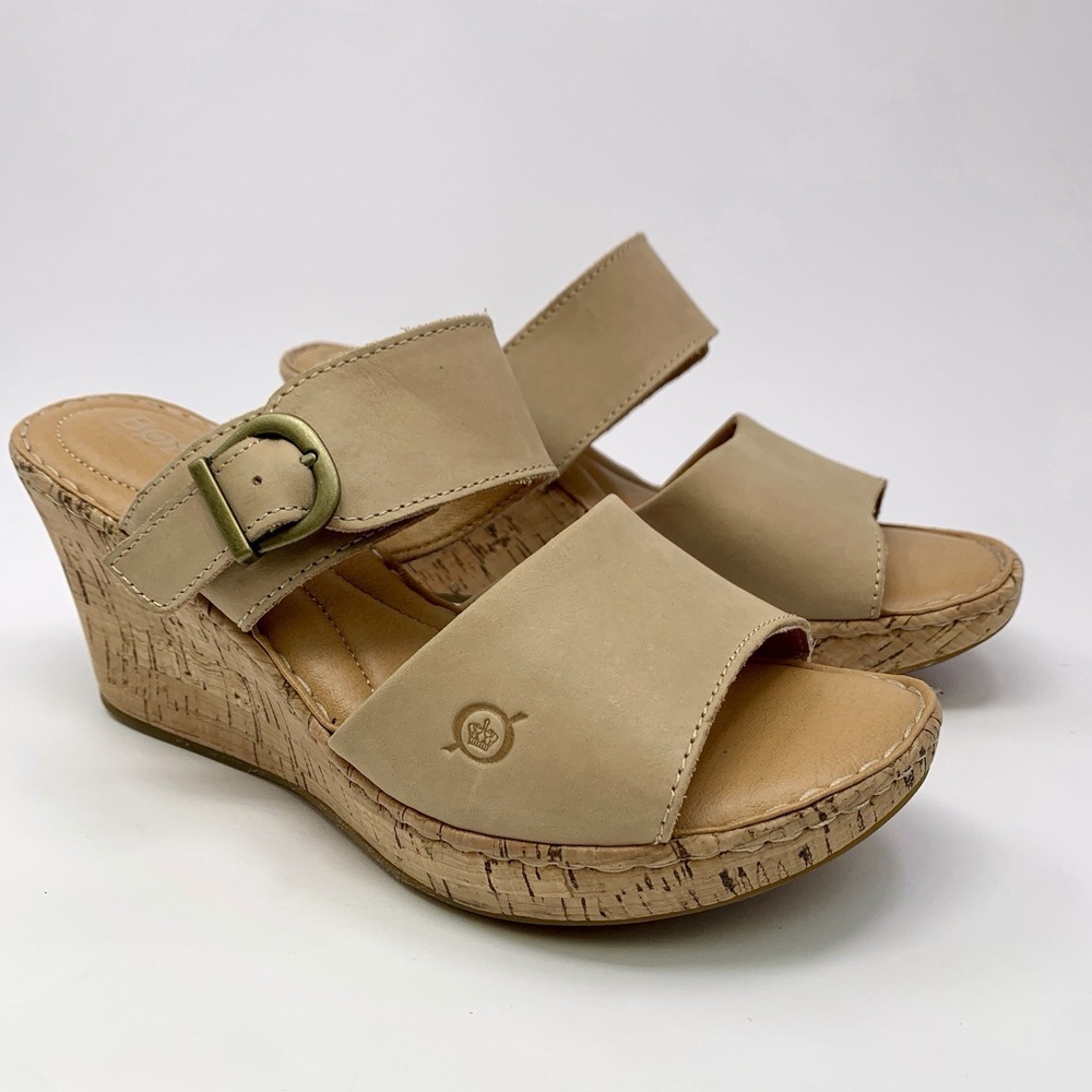 Born Sea Wedge Sandals with Buckle Tan 8M Slip On Comfort Leather Cork EUC
